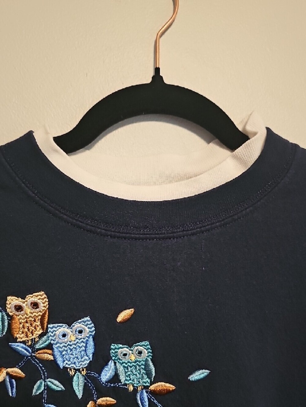 Vintage Top Stitch Embroidered Owl Crewneck Sweatshirt - Navy - Picture 3 of 5